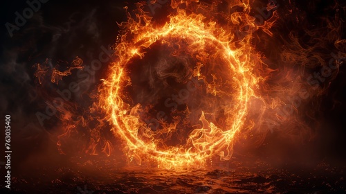A ring of flames encircling a round frame of fire.