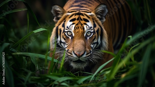 Fierce tigress in the jungle closeup
