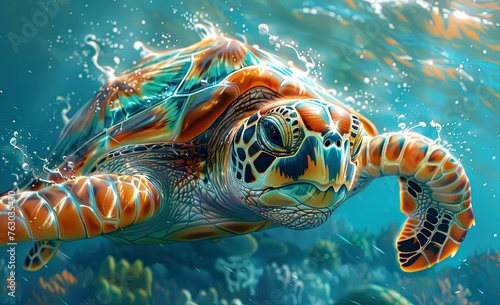Green sea turtle in the ocean. Underwater world. Environmental Conservation Concept