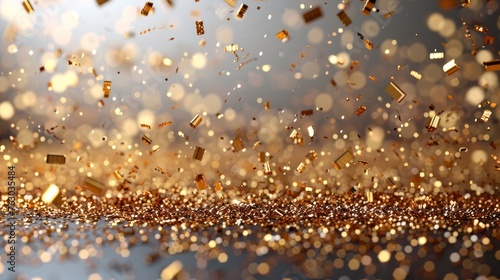 An illustration of shiny gold confetti falling on a transparent background. Bright golden festive tinsel. Party backdrop. Holiday design elements for web banners, posters, flyers, and invitation