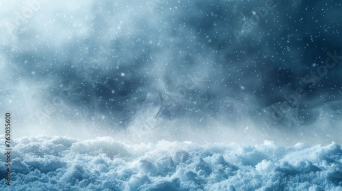 An illustration of a snowy winter scene and fog in the background. A white gradient decorative element. A modern illustration of a winter scene with fog in the background.