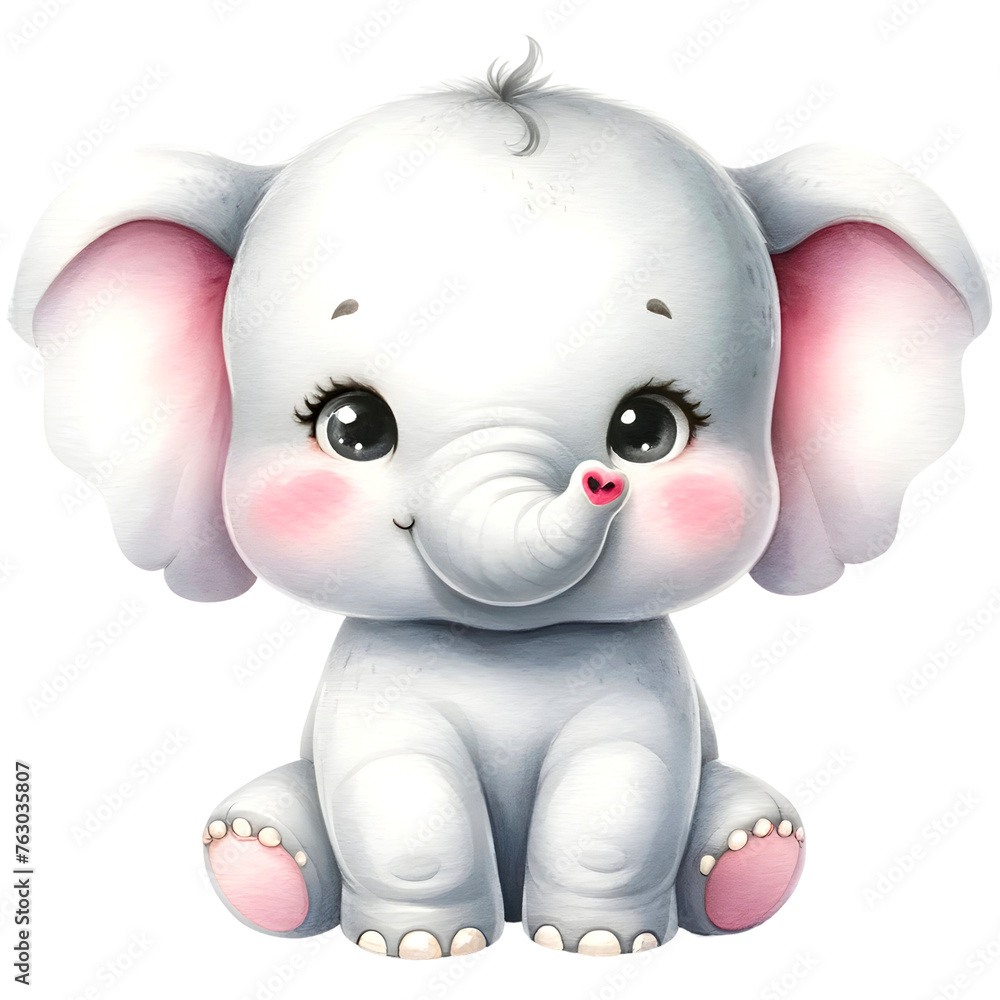  Baby Elephant animal smiling happily watercolor clipart. Nursery animals theme.