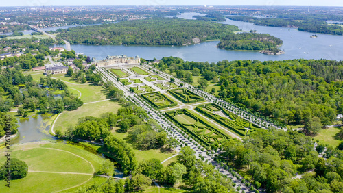 Stockholm, Sweden - June 23, 2019: Drottningholm. Drottningholms Slott. Well-preserved royal residence with a Chinese pavilion, theater and gardens, From Drone