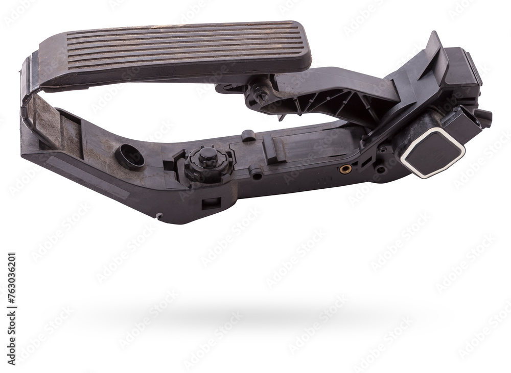 Gas pedal on a white isolated background in a photo studio for sale in a car service. Black auto part for replacement during repair in the workshop. Spare part junkyard. Gas pedal on a white isolated background in a photo studio for sale in a car service. Black auto part for replacement during repair in the workshop. Spare part junkyard.