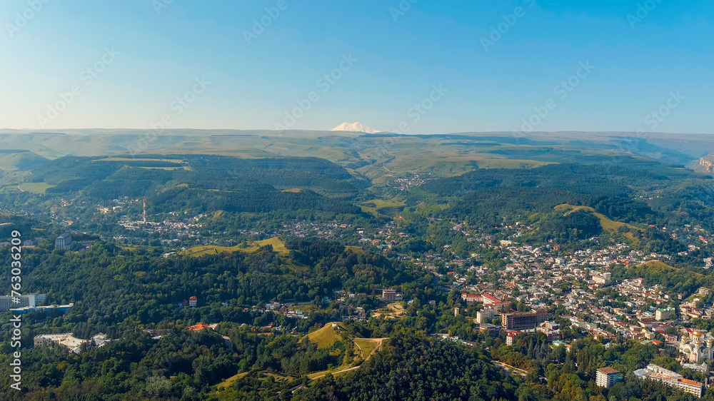 Kislovodsk, Russia. General panorama overlooking the snow-covered Mount Elbrus, Aerial View