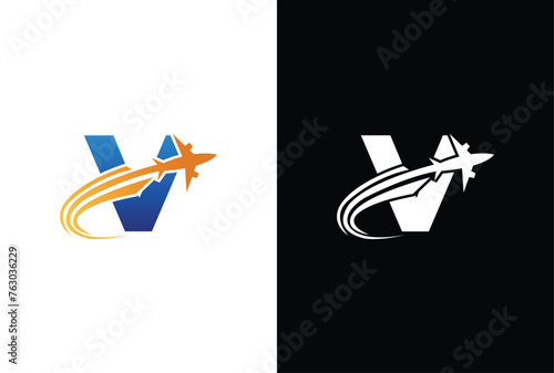 Initial letter V Air Travel Logo icon Design with plane graphic element, symbol, sign for travel agency logo design. letter V Air travel logo design template-vector.