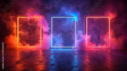 Luminous neon square frames on a dark background. Modern illustration.