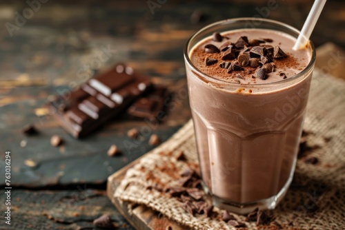 Chocolate protein drink in glass with straw.