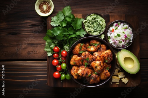 colorful mexican food mix copyspace frame background with lunch on wooden surface