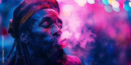 black man rastafarian relaxes and enjoys smoking a cannabis joint with marijuana photo