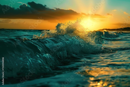 beautiful sunset with waves breaking along the shore photo