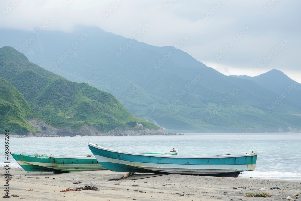 two boats parked on the beach next to mountains