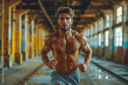 Shirtless male athlete training in urban city concrete background, sprinter, runner, jogger, muscular toned build training for race 