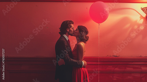 Stylish Couple Kissing Behind Pink Balloon on pink banner 