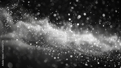 Rain and fog on black background overlay effect, Abstract splashes of rain and snow on black background, Freeze motion of white particles on black background