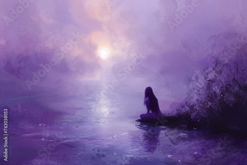 Mystical Reverie, Solitary Figure by the Waterside in a Lavender Fog at Dawn