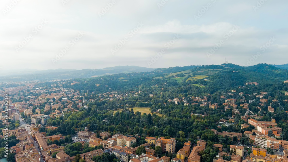 Bologna, Italy. Old Town. Panoramic view of the city. Summer, Aerial View
