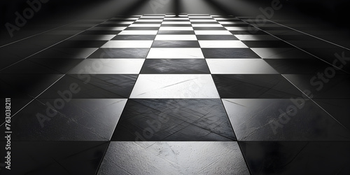 A black and white checkered floor with columns, A black and white checkered floor with a light shining on it
