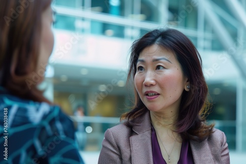 asian businesswoman talking with asian colleague in office building stock image