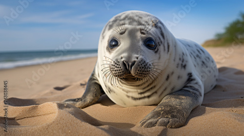 Harbor seal pup Phoca vitulina lying on the beach .. photo