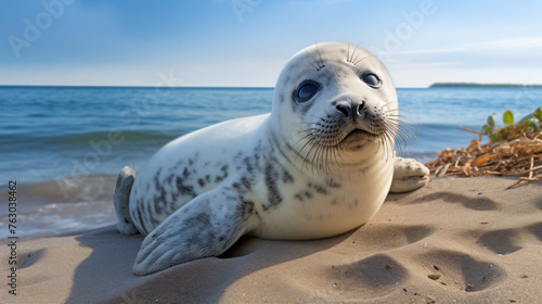 Harbor seal pup Phoca vitulina lying on the beach .. photo