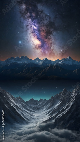 Photoreal 3D Product Presentation theme as Celestial Symphony Concept As A mountain range with a sky painted in the colors of the Milky Way, where each star twinkles in harmony with nature�s silence., © Gohgah