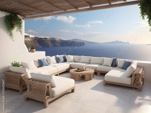 Summer Villa Interior with Pool and Sea View santorini island style 3d rendering © Abdul