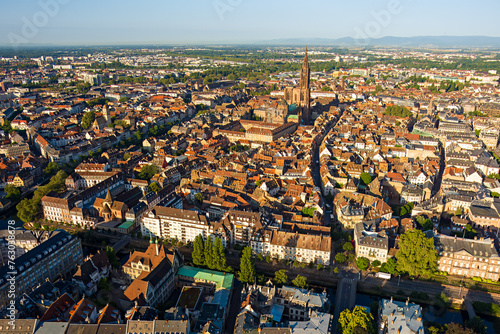 Strasbourg  France. Strasbourg Cathedral. Panorama of the city center on a summer morning. Aerial view