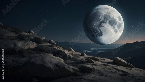Photoreal 3D Product Presentation theme as Lunar Lullaby Concept As A tranquil cliffside view with a giant moon hovering close to the earth  casting a soft glow over the sleeping land.  Full depth of 