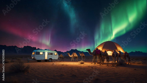 Photoreal 3D Product Presentation theme as Midnight Mirage Concept As A desert scene with a vibrant aurora borealis display, featuring a caravan of camels resting under the celestial show., Full depth