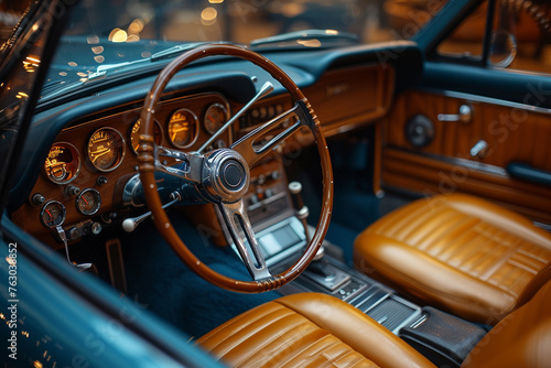 Vintage car interior featuring a classic dashboard, retro steering wheel, and old-fashioned speedometer in a luxurious red setting