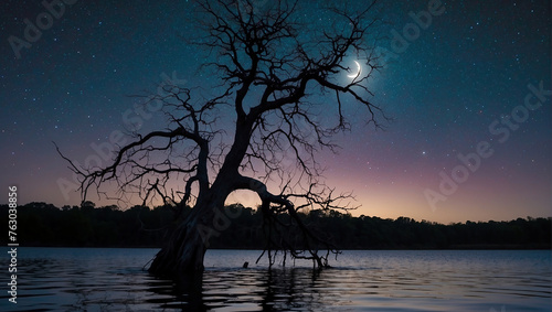 A boat sits in a lake with a large tree growing out of it, with a crescent moon in the background.