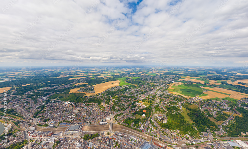 Namur, Belgium. Panorama of the city. Summer day, cloudy weather. Aerial view