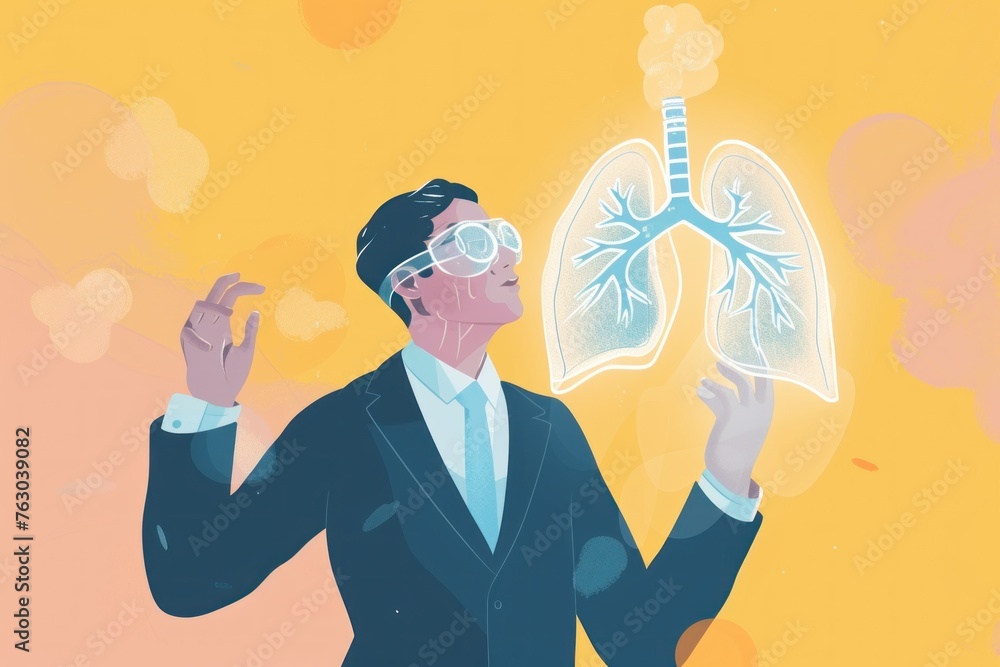 illustration of a businessman holding up a diagram with lungs - obrazy, fototapety, plakaty 