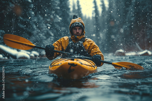 Man kayaking in whitewater rapids with ice axe in hand, navigating the adventurous river © NOTE OMG