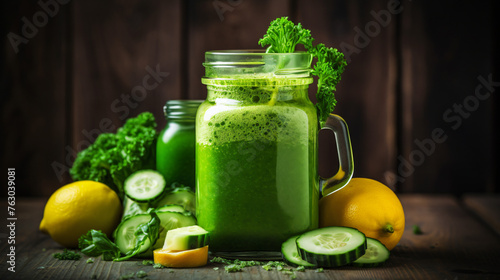 Healthy green vegetables smoothie in the jar on rustic