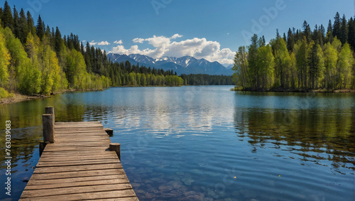 A mountain lake in the fall with yellow and green trees and snow-capped mountains in the distance. © Ali Clicks