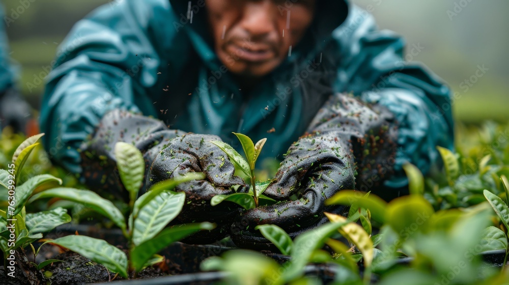 Farmer's Hands Nurturing Young Tea Leaves