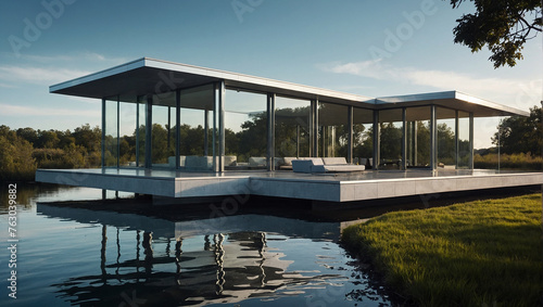 A modern glass house with a pool in front of it.  © Ali Clicks