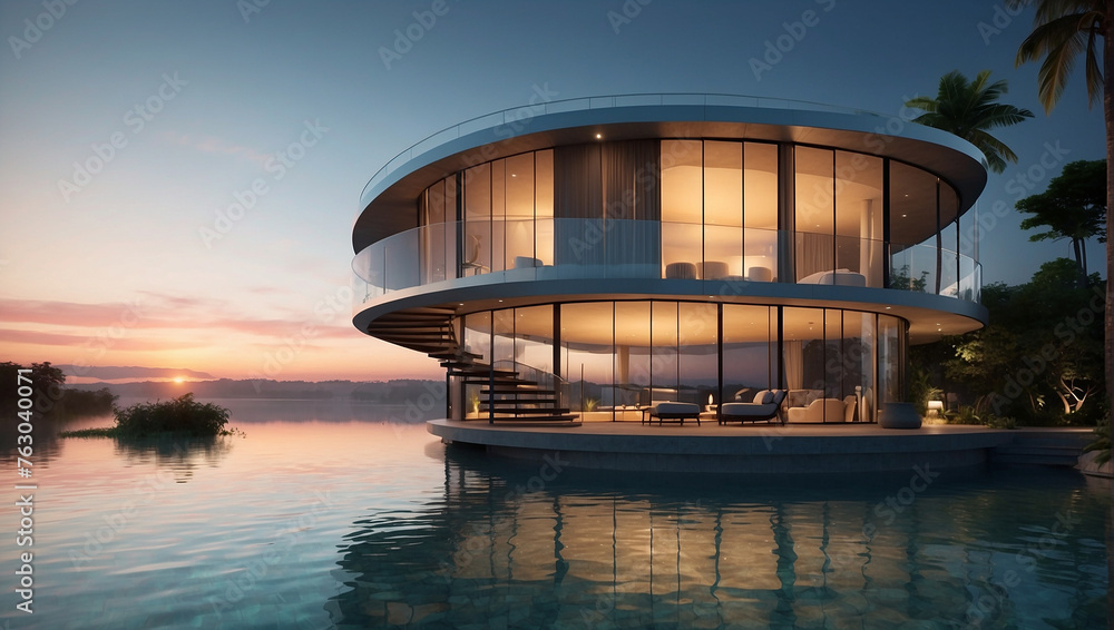 A modern house with a curved glass front and a pool.
