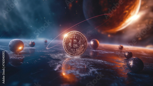 Bitcoin on it is floating in space