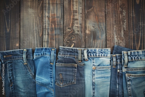 smattering of blue jeans on a wooden background top view background photo
