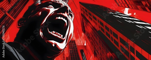 Screaming Executive in a City Nightscape: A Graphic Novel with High Contrast and Bold Lines photo