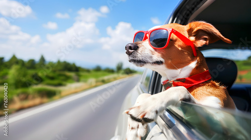 sticking its head out of a car window ,dog wearing red sunglasses, enjoying the breeze and the adventure of the open road, vacation concept © Gita