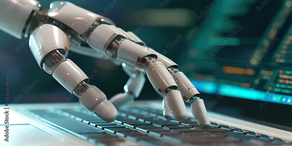 Robotic cyborg hand pressing a keyboard Robotic cyborg hand pressing a keyboard