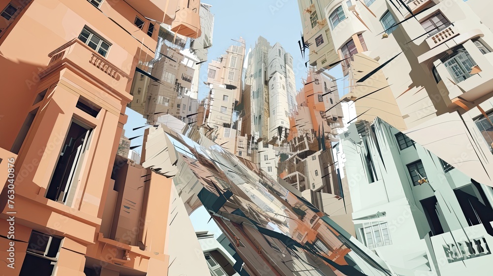 Abstract illustration of a landscape of distorted, irregular city, urban environment with deformed, distorted buildings, destruction, disaster, psychedelic, deformation, distortion. Generative by AI Abstract illustration of a landscape of distorted, irregular city, urban environment with deformed, distorted buildings, destruction, disaster, psychedelic, deformation, distortion. Generative by AI