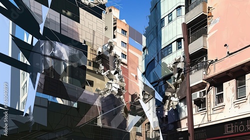 Abstract illustration of a landscape of distorted, irregular city, urban environment with deformed, distorted buildings, destruction, disaster, psychedelic, deformation, distortion. Generative by AI