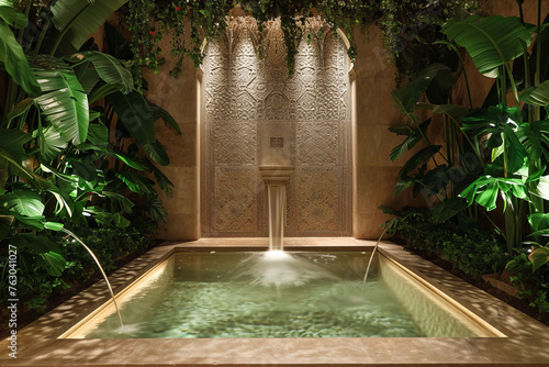 A Turkish hammam, such as lush greenery and decorative water features, to convey a sense of tranquility and rejuvenation. © mihrzn
