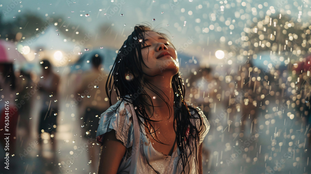 summer music festival-goer dancing in the rain at a summer music festival summer music festival-goer dancing in the rain at a summer music festival