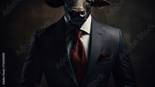Bull wearing suit and tie standing in front of dark